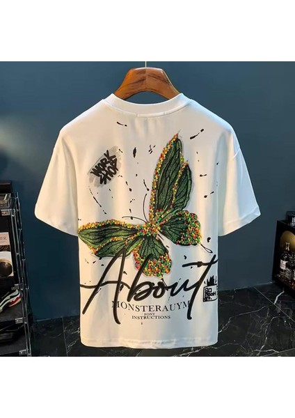 Unisex Kelebek Baskılı Bisiklet Yaka Oversize T-Shirt