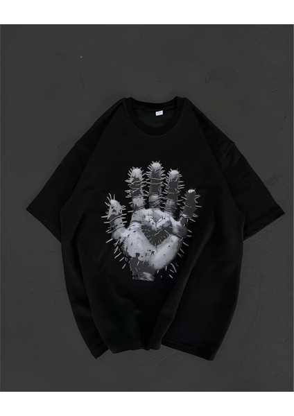 Unisex Bisiklet Yaka Ön Arka Baskılı Oversize Siyah T-Shirt