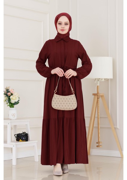 Gömlek Yaka Beli Tünelli Sare Elbise-Bordo