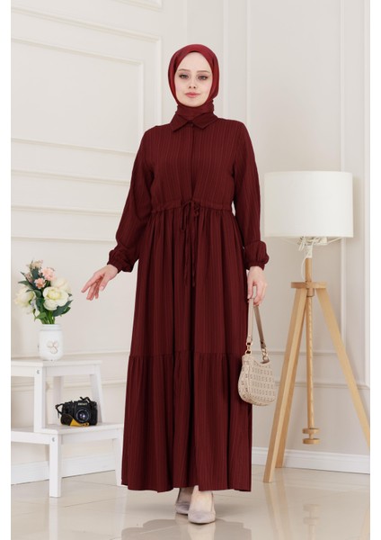Gömlek Yaka Beli Tünelli Sare Elbise-Bordo