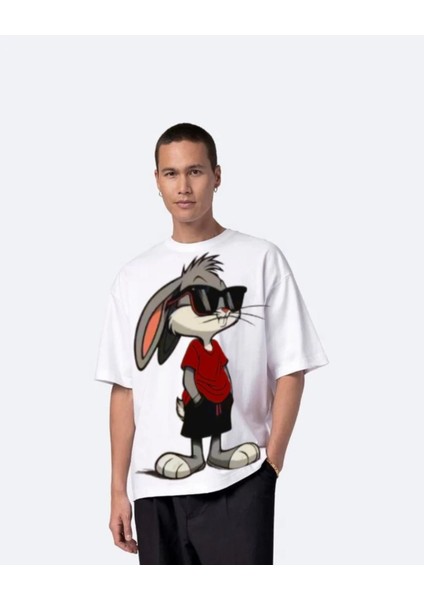 Unisex Bugs Bunny Baskılı Bisiklet Yaka Oversize T-Shirt
