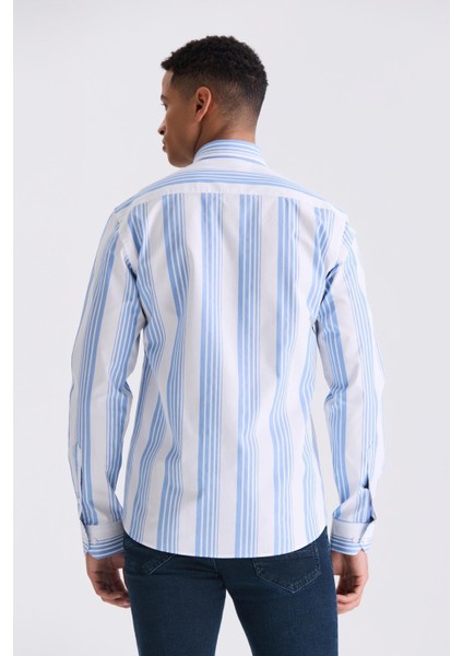 Mavi Slim Fit Çizgili %100 Pamuk Gömlek fırsatları
