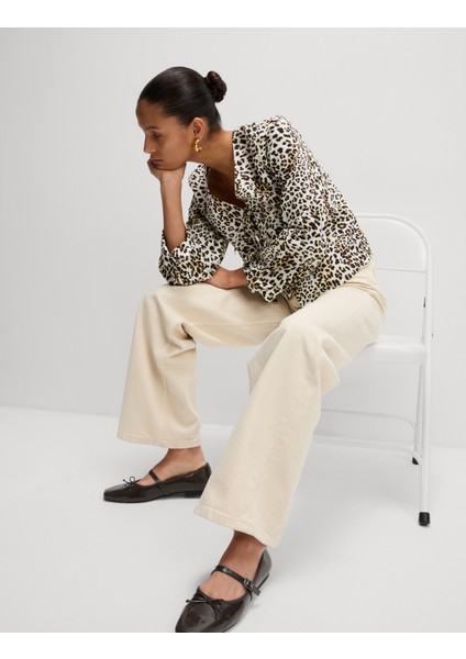 Saf Pamuklu Baskılı Bağcıklı Bluz