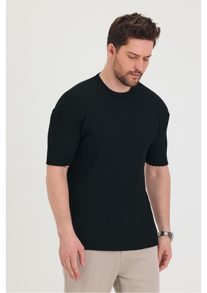 Erkek Bisiklet Yaka Fitilli Kısa Kollu Ince Triko T-Shirt