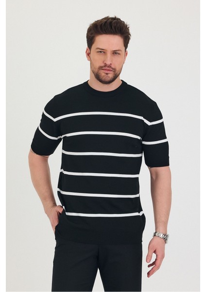 Erkek Bisiklet Yaka Kalın Çizgi Detaylı Kısa Kollu Ince Triko T-Shirt