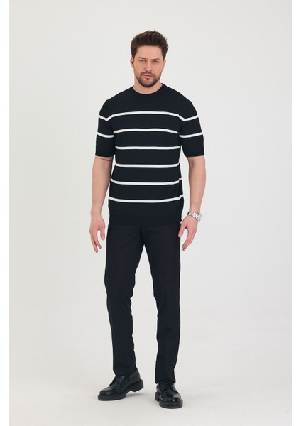 Erkek Bisiklet Yaka Kalın Çizgi Detaylı Kısa Kollu Ince Triko T-Shirt modelleri