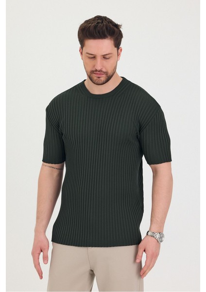 Erkek Bisiklet Yaka Fitilli Kısa Kollu Ince Triko T-Shirt