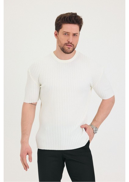 Erkek Bisiklet Yaka Fitilli Kısa Kollu Ince Triko T-Shirt