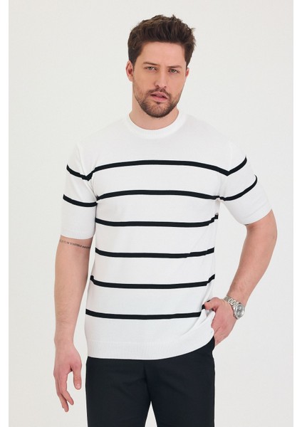 Erkek Bisiklet Yaka Kalın Çizgi Detaylı Kısa Kollu Ince Triko T-Shirt