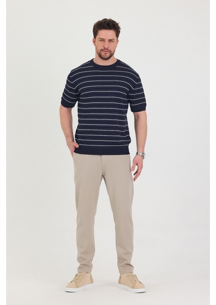 Erkek Bisiklet Yaka Çizgi Detaylı Kısa Kollu Ince Triko T-Shirt modelleri