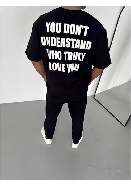 Unisex Bisiklet Yaka Ön Arka Baskılı Oversize Siyah T-Shirt fiyatları