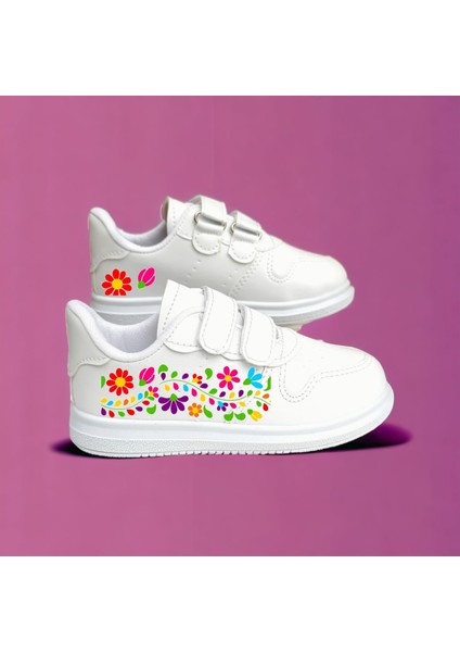 Bahar Çiçekleri Baskılı Beyaz Bantlı Çocuk Spor Ayakkabı Sneaker