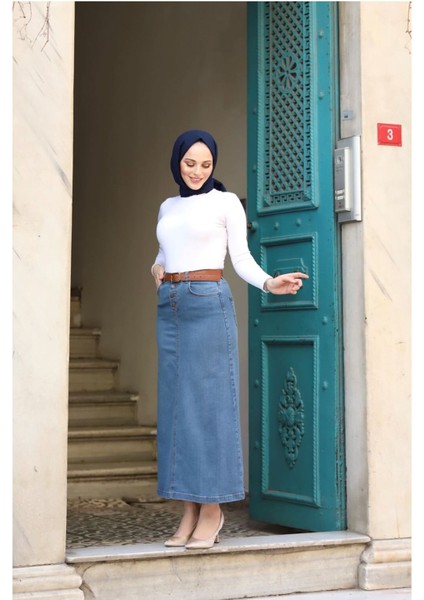 Doğal Kumaşlı Kemerli Kot Etek