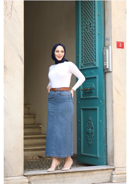 Doğal Kumaşlı Kemerli Kot Etek