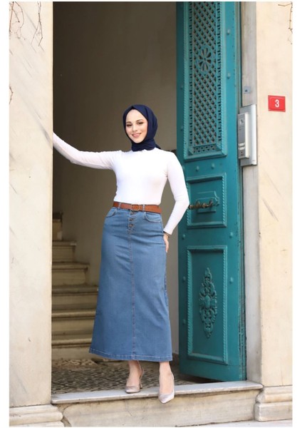 Doğal Kumaşlı Kemerli Kot Etek