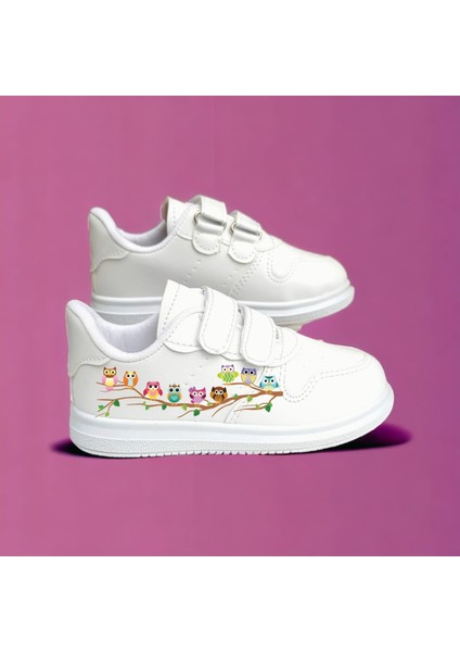 Baykuşlar Baskılı Beyaz Bantlı Çocuk Spor Ayakkabı Sneaker