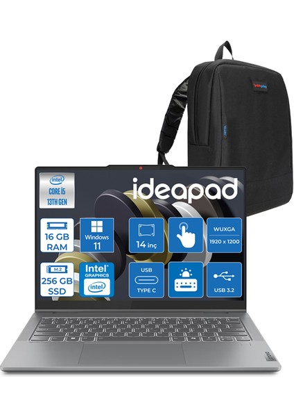 Ideapad 5 Slim Intel Core I5 13420H 16GB Ddr5 256GB SSD Windows 11 Pro 14" Wuxga 400NITS OLED Dokunmatik Bilgisayar ID14IRH9P01 + Zettaçanta