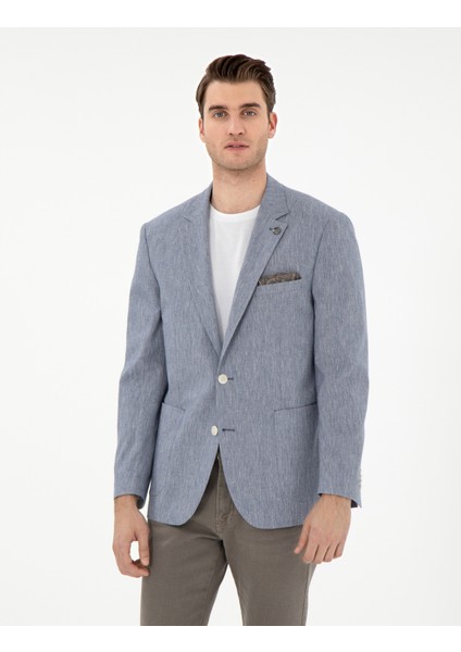 Erkek Koyu Mavi Ex. Slim Fit Keten Karışımlı Ceket 50304101-VR032