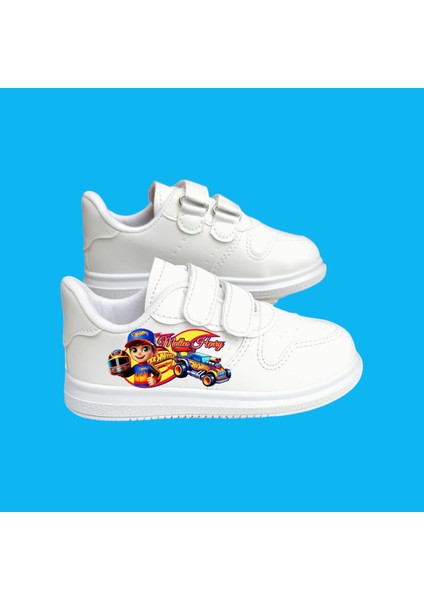 Yarış Arabası Baskılı Beyaz Bantlı Çocuk Spor Ayakkabı Sneaker