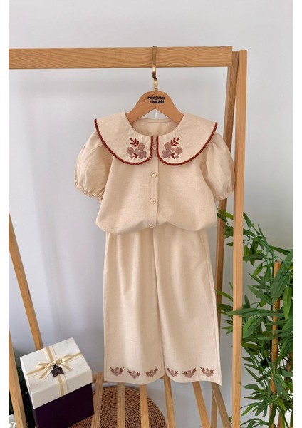 Yaka Nakış Detaylı Kız Çocuk Gömlekli takım - Krem