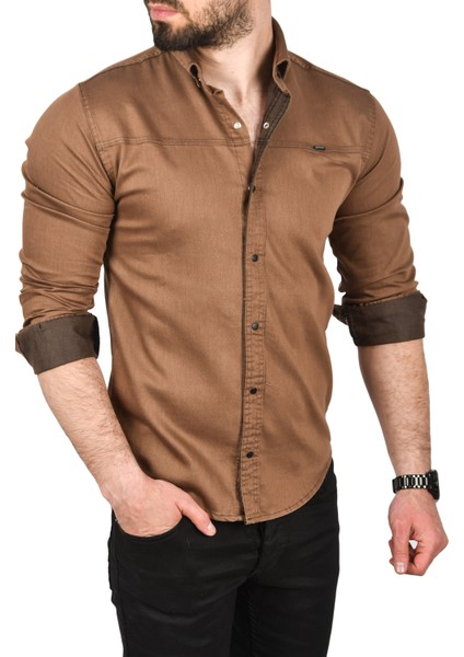 Slim Fit Pamuklu Kot Gömlek Kolay Ütülenebilir Çıt Çıtlı Likralı Spor Gömlek 2502504