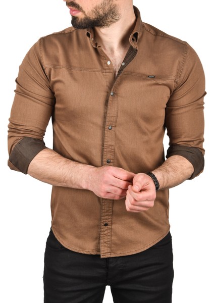 Slim Fit Pamuklu Kot Gömlek Kolay Ütülenebilir Çıt Çıtlı Likralı Spor Gömlek 2502504