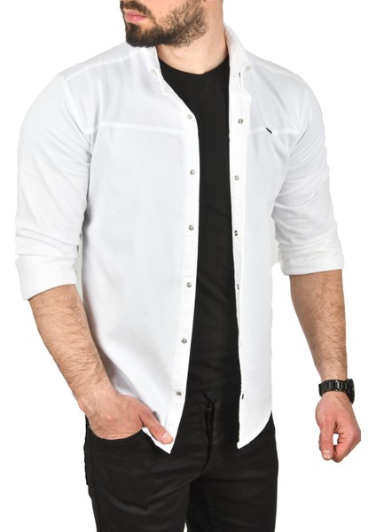 Slim Fit Pamuklu Kot Gömlek Kolay Ütülenebilir Çıt Çıtlı Likralı Spor Gömlek 2502504