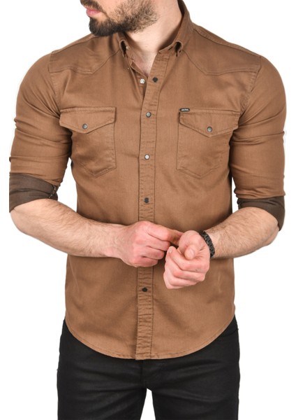 Çift Cepli Çıtçıtlı Uzun Kollu Kot Gömlek 2502503