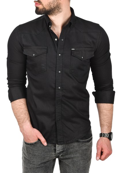 Çift Cepli Çıtçıtlı Uzun Kollu Kot Gömlek 2502503