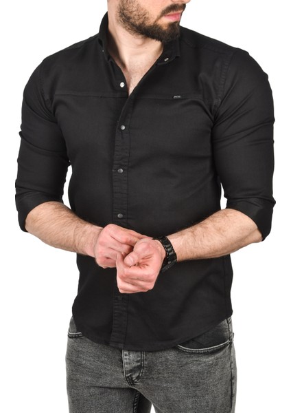 Slim Fit Pamuklu Kot Gömlek Kolay Ütülenebilir Çıt Çıtlı Likralı Spor Gömlek 2502504
