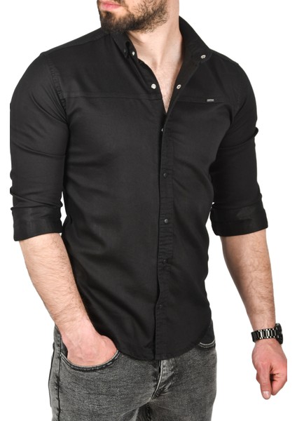 Slim Fit Pamuklu Kot Gömlek Kolay Ütülenebilir Çıt Çıtlı Likralı Spor Gömlek 2502504