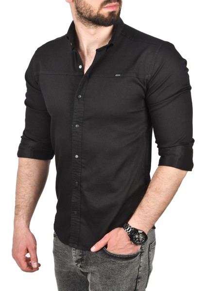 Slim Fit Pamuklu Kot Gömlek Kolay Ütülenebilir Çıt Çıtlı Likralı Spor Gömlek 2502504