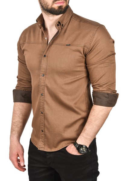 Slim Fit Pamuklu Kot Gömlek Kolay Ütülenebilir Çıt Çıtlı Likralı Spor Gömlek 2502504