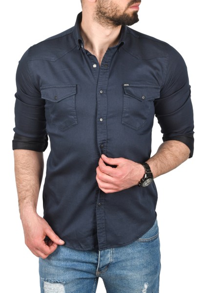 Çift Cepli Çıtçıtlı Uzun Kollu Kot Gömlek 2502503