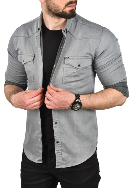 Çift Cepli Çıtçıtlı Uzun Kollu Kot Gömlek 2502503