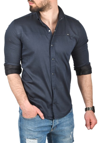 Slim Fit Pamuklu Kot Gömlek Kolay Ütülenebilir Çıt Çıtlı Likralı Spor Gömlek 2502504