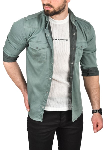 Çift Cepli Çıtçıtlı Uzun Kollu Kot Gömlek 2502503