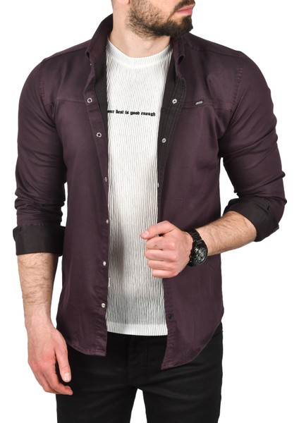 Slim Fit Pamuklu Kot Gömlek Kolay Ütülenebilir Çıt Çıtlı Likralı Spor Gömlek 2502504