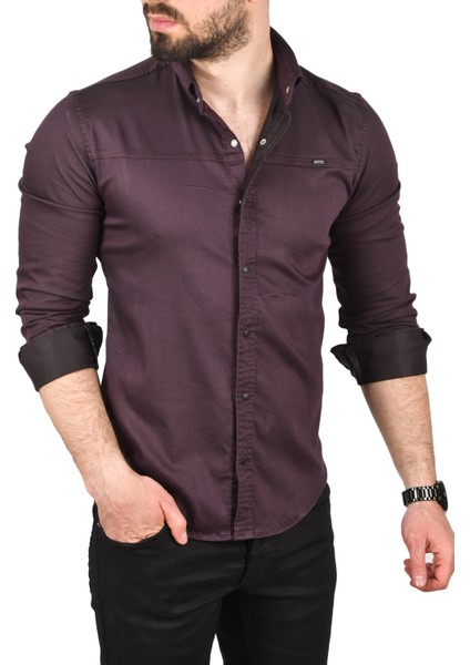 Slim Fit Pamuklu Kot Gömlek Kolay Ütülenebilir Çıt Çıtlı Likralı Spor Gömlek 2502504