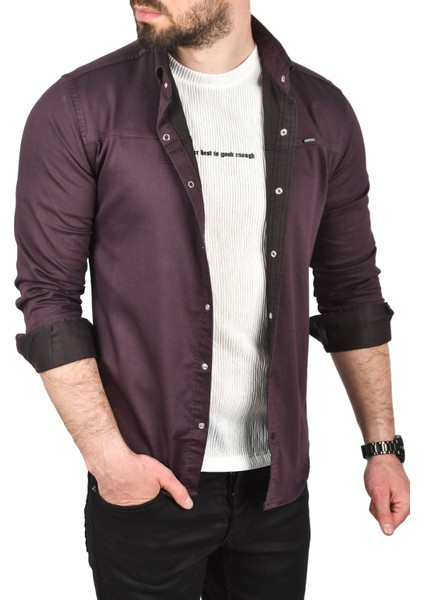 Slim Fit Pamuklu Kot Gömlek Kolay Ütülenebilir Çıt Çıtlı Likralı Spor Gömlek 2502504