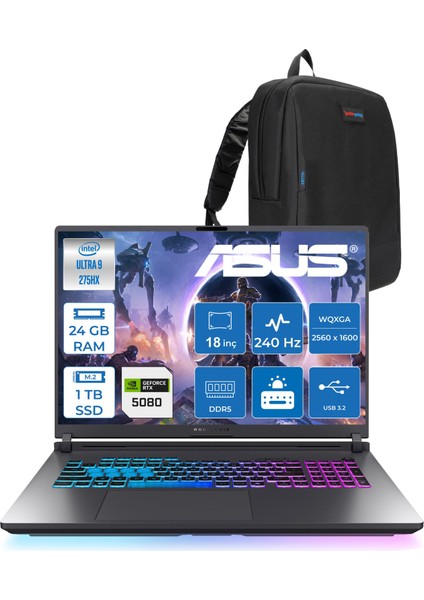 Rog Strix G18 G815LW-S9129 Ultra 9 275HX Aı 24GB GB 1tb SSD 16GB/RTX5080 Gddr7 175W 18" 2.5k Wqxga 240Hz 3ms 500NITS Freedos Gaming Laptop WS9129F03+ZETTAÇANTA