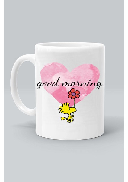 Sarı Kuş Günaydın Kırmızı Çiçek Good Mornıng Tasarım Baskılı Beyaz Klasik Kupa Bardak