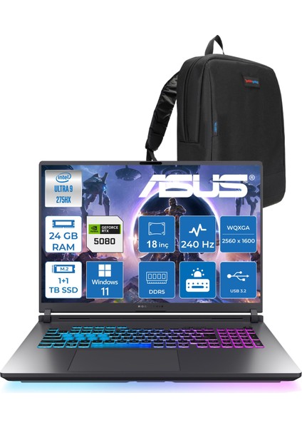 Rog Strix G18 G815LW-S9129 Ultra 9 275HX Aı 24GB GB 1tb SSD +1tb SSD 16GB/RTX5080 Gddr7 175W 18" 2.5k Wqxga 240Hz 3ms 500NITS Windows 11 Home Gaming Laptop WS9129H04+ZETTAÇANTA