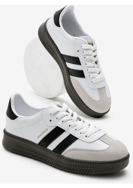 Beyaz Gri Kalın Termo Taban Yanı Şeritli Bağcıklı Spor Ayakkabı