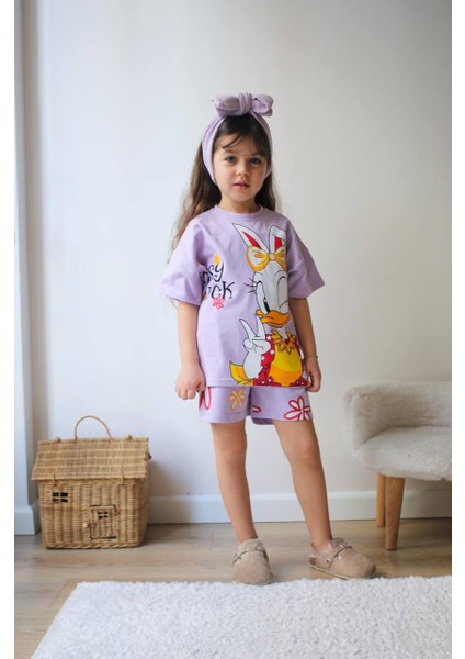 Kız Çocuk Lila Karakter Baskılı Tişört Şort Takımı