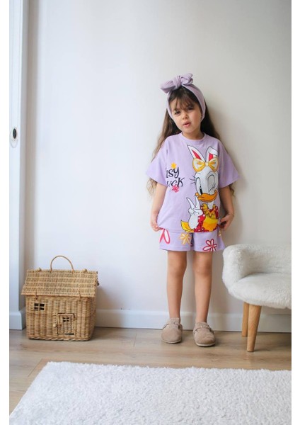 Kız Çocuk Lila Karakter Baskılı Tişört Şort Takımı modelleri