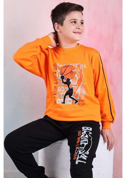 Yeni Sezon Erkek Çocuk Gez Garson Basketball Uzun Kollu Pamuk Interlok Pijama Takımı 5154-TURUNCU