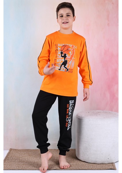 Yeni Sezon Erkek Çocuk Gez Garson Basketball Uzun Kollu Pamuk Interlok Pijama Takımı 5154-TURUNCU