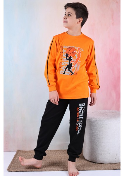 Yeni Sezon Erkek Çocuk Gez Garson Basketball Uzun Kollu Pamuk Interlok Pijama Takımı 5154-TURUNCU
