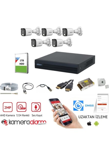 5 Kameralı Ses Kayıtlı 7/24RENKLI Görüşlü Güvenlik Kamerası Seti
